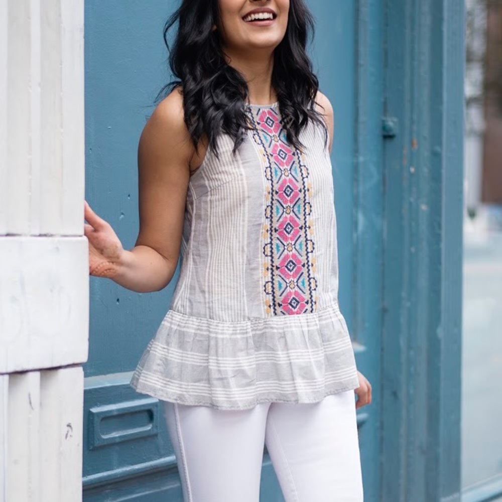 THML embroidered striped lightweight peplum tank